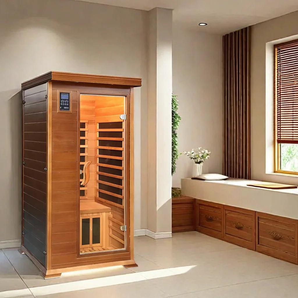 Dynamic Home Sauna FAR Infrared 1 Person Room Light Therapy with Control Panel Low-EMF Tech Red cedar